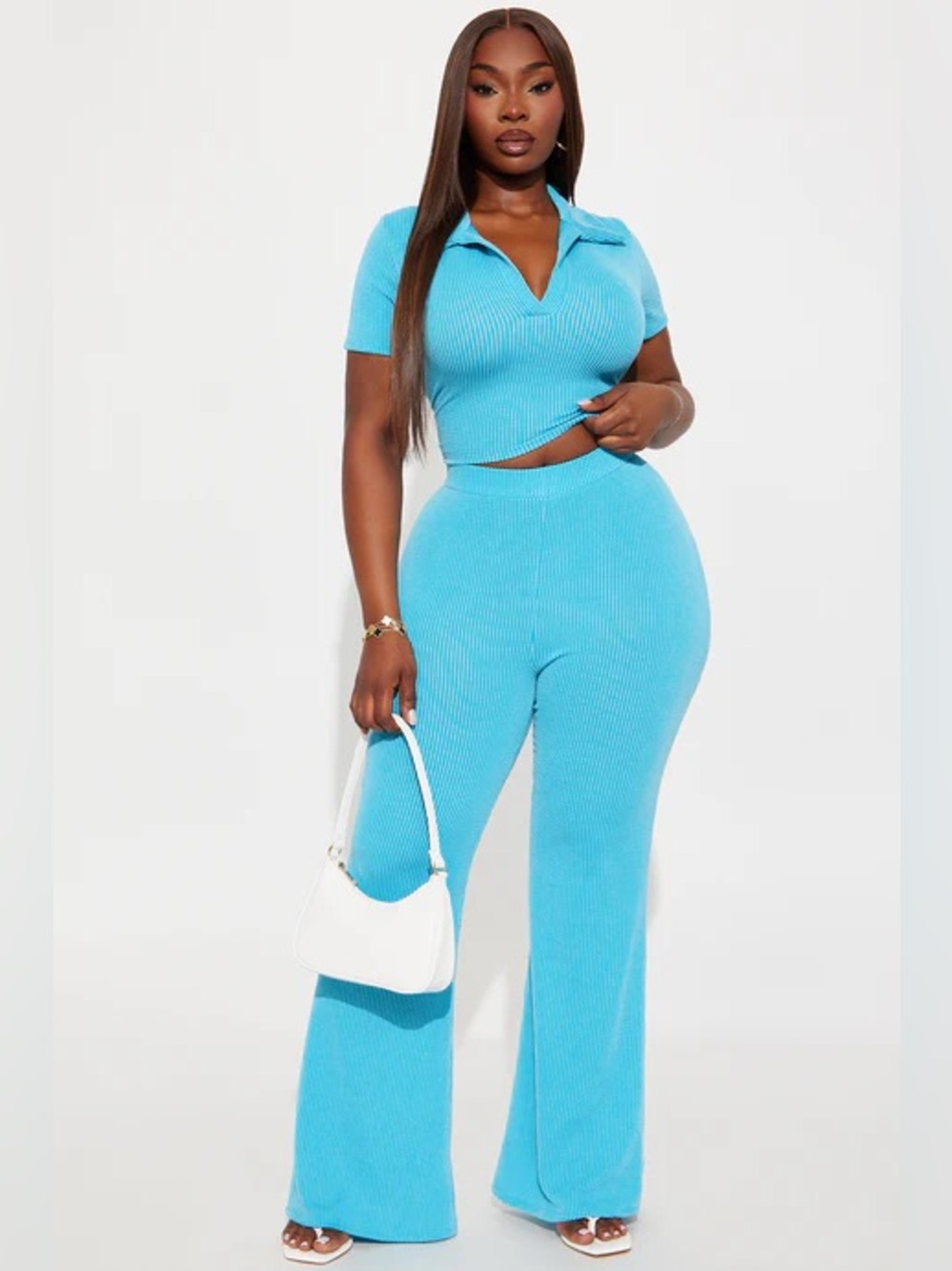 Fashion Nova Ribbed Knit Flared Pants Set - Blue
